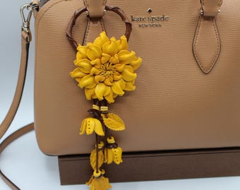 Genuine Handmade Leather Flower Keychain daisy yellow purse charm bag charm