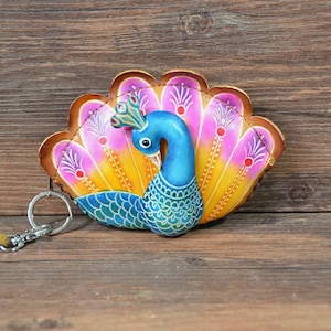 Monedero / Cartera / Pulsera de Cuero Genuino Hecho a Mano con Pavo Real