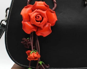 Genuine Handmade Leather Rose Flower Key Chain handbag charm orange purse charm