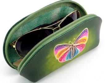 Sunglass Case /  Leather Sunglass Case /  Sunglasses Accessories /  Butterfly Design / Butterflies / Leather Case / Cosmetic Case