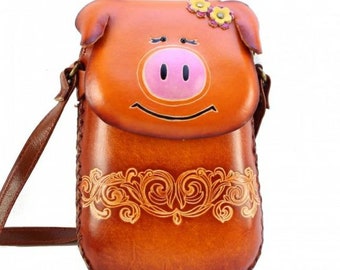 Handmade genuine piggy pig purse crossbody bag phone bag