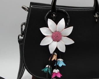Genuine Handmade Leather Flower Keychain daisy white purse charm bag charm