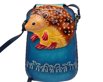 Handmade Leather Hedgehog Purse: Crossbody Phone Bag, Animal Mini Bag