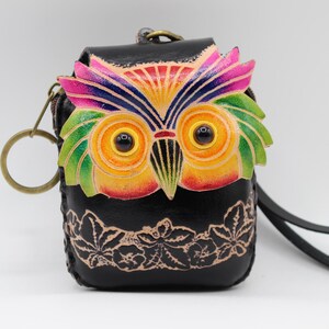 Monedero / Cartera / Cartera de Cuero Genuino Hecho a Mano con Búho de Colores