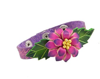 Genuine Handmade Leather flower  Bracelet purple