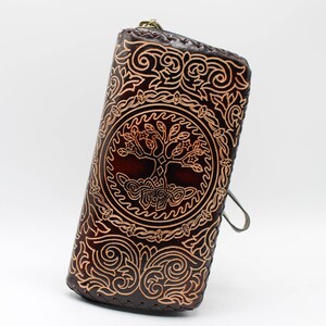 Cartera de cuero genuino hecha a mano con forma de árbol de la vida