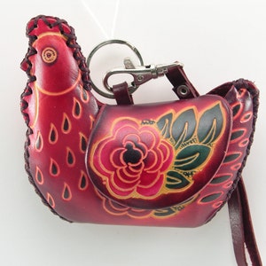 Handmade leather chicken coin purse red