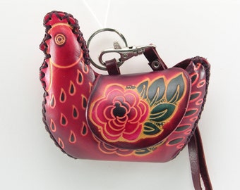 Handmade leather chicken coin purse red