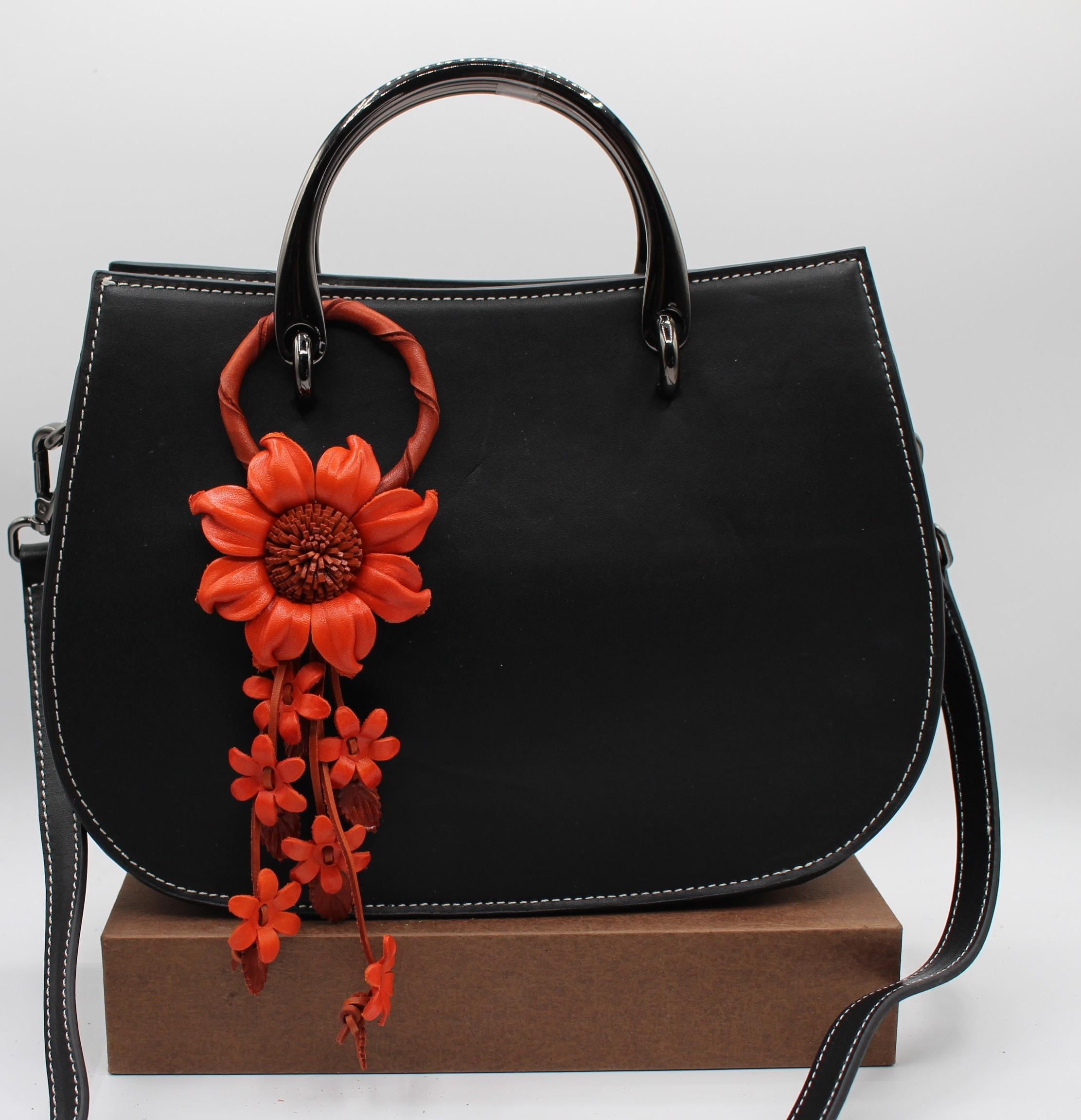Genuine Handmade Leather Sunflower Keychain orange flower purse charm