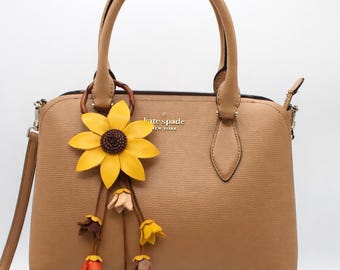 Genuine Handmade Leather Flower sunflower Keychain daisy yellow purse charm bag charm