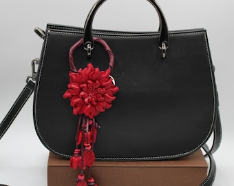 Genuine Handmade Leather Flower Keychain daisy red purse charm bag charm