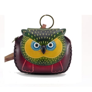 Cartera de piel auténtica con forma de búho, monedero con forma de búho, verde y amarillo