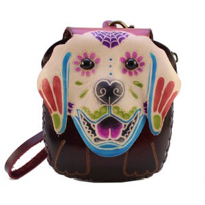 Monedero/monedero de cuero genuino hecho a mano con forma de calavera de azúcar