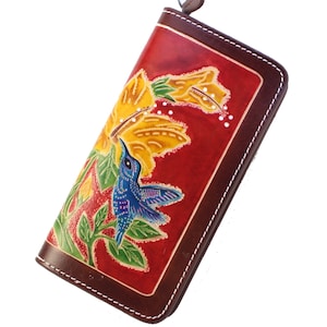 Cartera de cuero genuino hecha a mano con forma de colibrí
