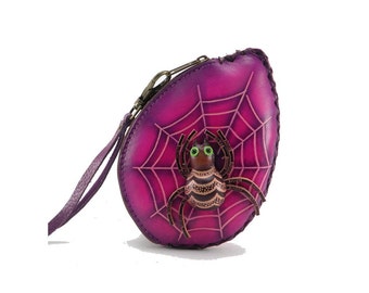 Spider on Web Wristlet /  Halloween Spider /  Coin Purse /  Purple