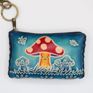 Monedero/cartera de piel auténtica hecha a mano con forma de hongo