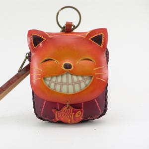 Monedero / billetera / bolso de mano de cuero genuino hecho a mano con forma de gato feliz