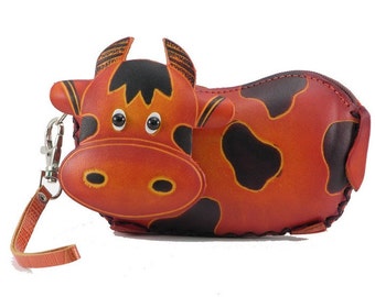 Cow Wristlet /  Genuine Leather Cow Coin Purse /  Brown and Black Spotted Cow /  Wristlet Purse