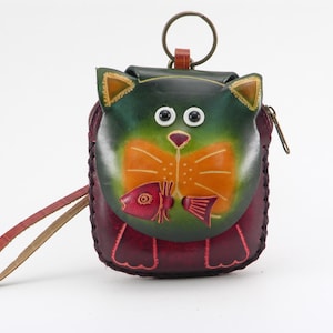 Monedero / Cartera / Cartera de Cuero Genuino Hecho a Mano con Gato y Pez