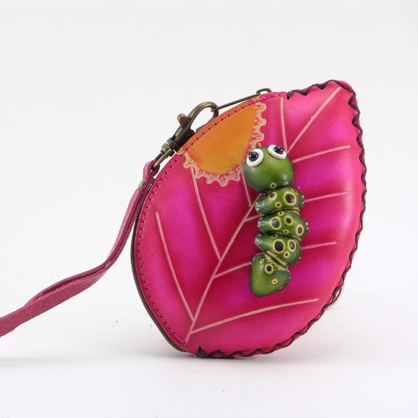 Genuine Handmade Leather Caterpillar on Leaf Coin Purse
