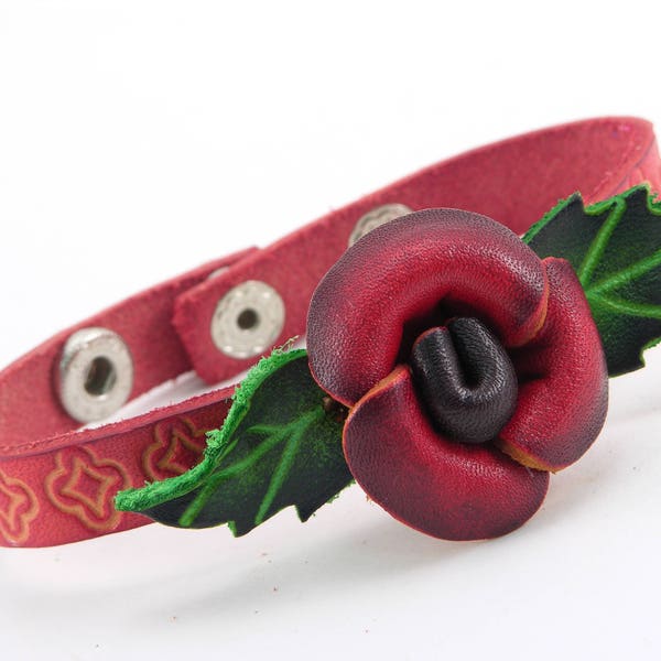 Genuine Handmade Leather Rose Flower Bracelet  great for  Valentine's day