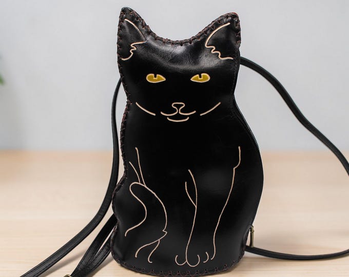 Genuine Handmade Leather Black Cat Backpack / Cross-body Purse