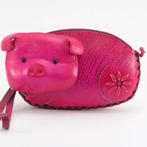 Monedero/cartera de piel auténtica hecha a mano con forma de cerdo