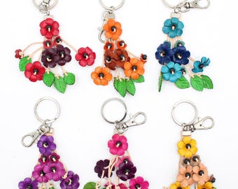 Genuine Handmade Leather Flower Keychain Key Ring - Car Key Ring, Small Pendant, Little Flower, Original Design (Multiple Colors Available)
