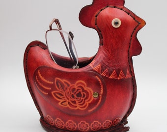 Handmade leather chicken rooster pen eyeglasses holder