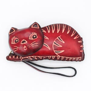 Monedero/billetera de gato de cuero genuino hecho a mano