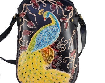 Bolso bandolera de piel de pavo real hecho a mano: minibolso con temática animal