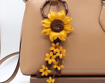 Genuine Handmade Leather Sunflower Keychain orange flower purse charm
