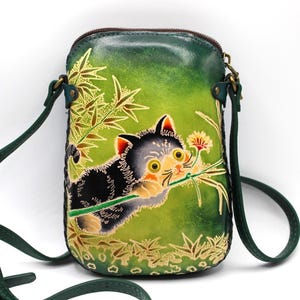 Handmade Leather Cat Purse: Green Crossbody Bag