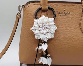 Genuine Handmade Leather Flower Keychain daisy white purse charm bag charm