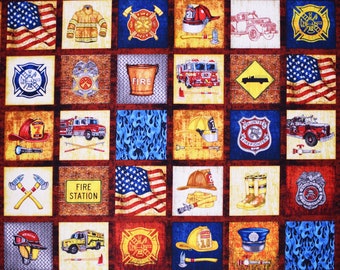 FIREMEN FABRIC 5 ALARM EVERYTHING FIREFIGHTER PATCHES QUILTING TREASURE 23/"x44/"