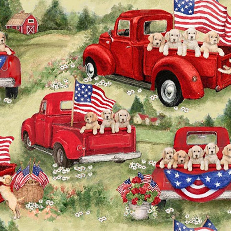 Patriotic Fabric Puppies in Red Truck in Multi From Springs Etsy