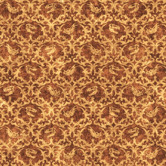 Dinosaur Fabric Lost World Dinos Damask In Brown From Quilting Etsy