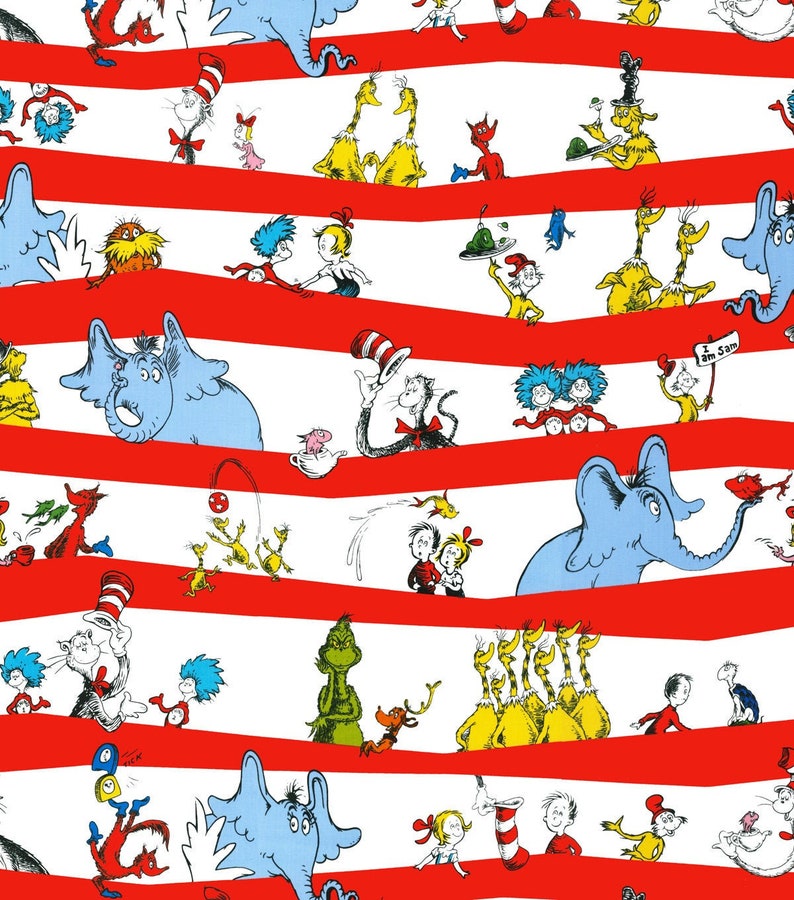 Dr. Seuss Fabric the Cat in the Hat Stripe in White From Etsy