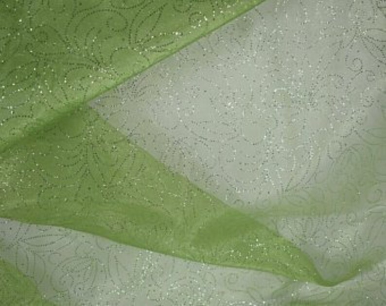 Scroll Glitter Organza in Green By the Yard Organza Fabric