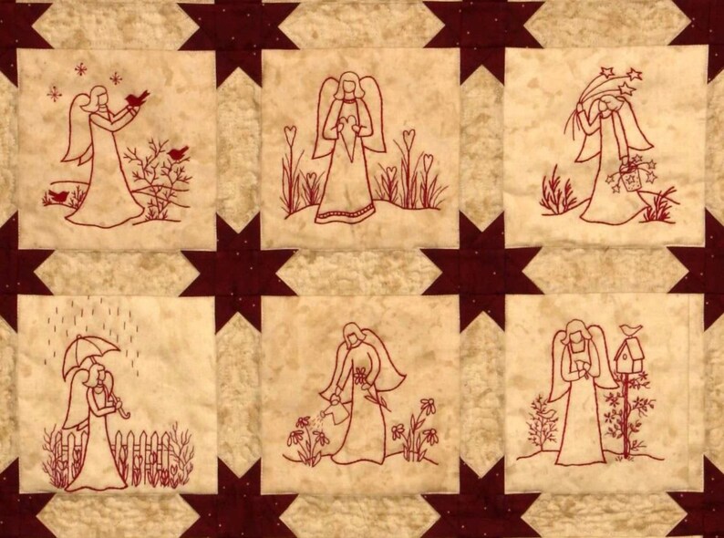 Redwork Angels Quilt Pattern Redwork Hand Embroidery Blocks Etsy