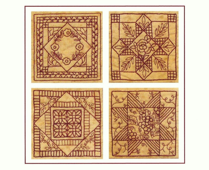 Garden Tile Coasters Pattern Redwork Hand Embroidery Pattern Etsy