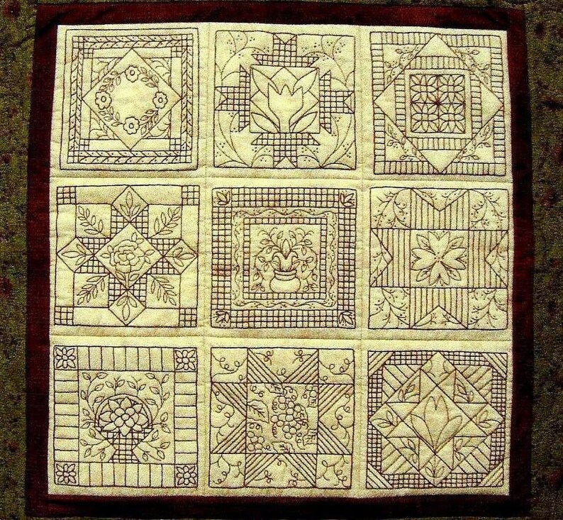 Garden Tiles Quilt Pattern Redwork Hand Embroidery Blocks & Etsy