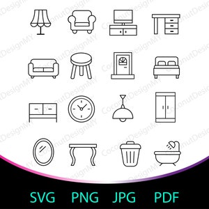 May include: A set of 16 black and white line icons depicting various furniture and home decor items, including a lamp, armchair, TV stand, desk, sofa, stool, door, bed, dresser, clock, pendant light, closet, mirror, table, trash can, and bathtub.