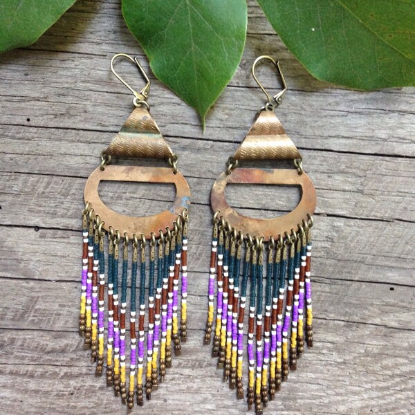 Mmemosyne... Brass and seed bead earrings, handmade, tribal, gypsy, boho, bohemian jewelry