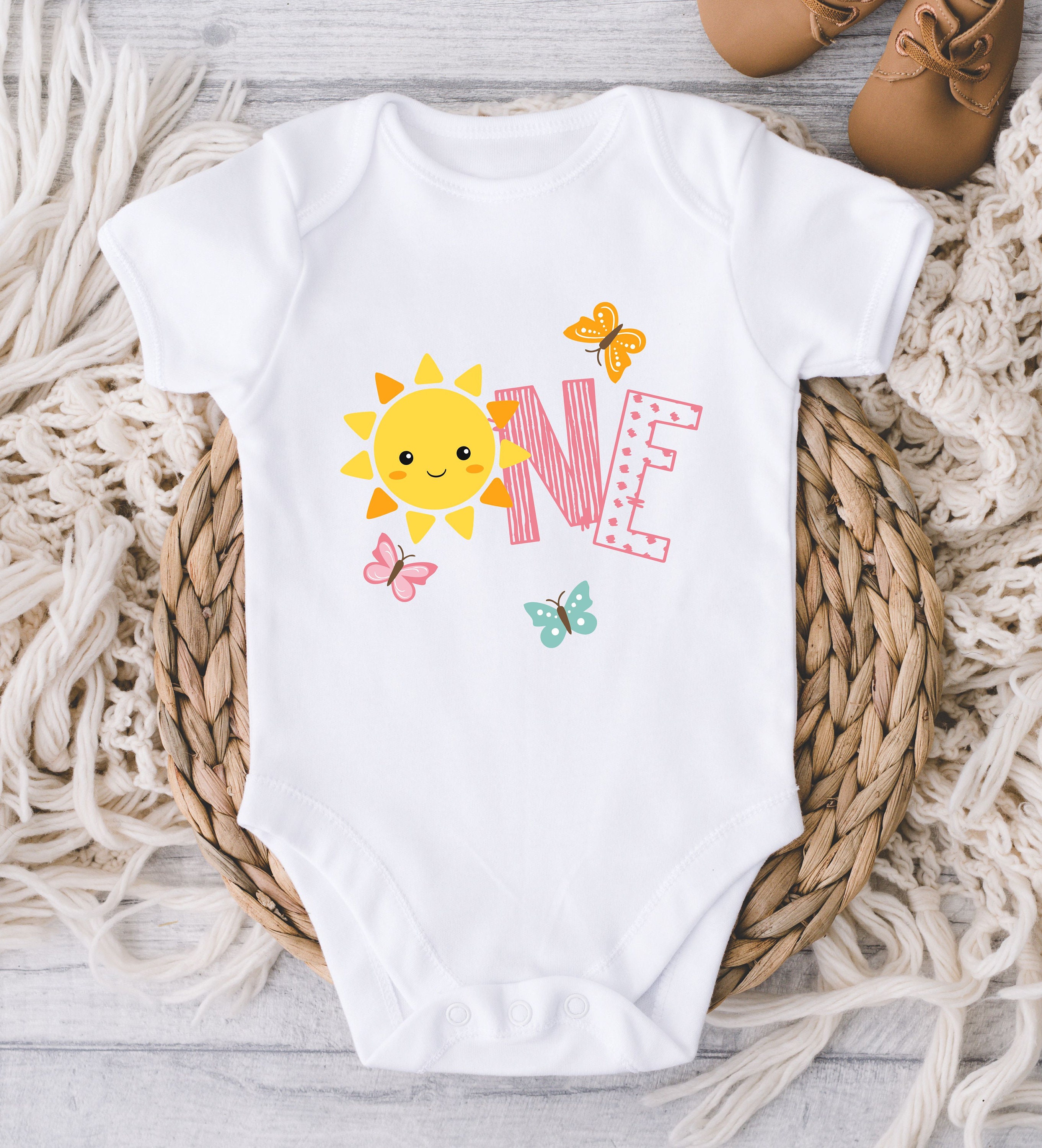 First Birthday Sunshine Baby ONESIES® Brand Bodysuit - Girl Sunshine Butterflies 1st Birthday Bodysuit - One Year Birthday - 1 year old girl