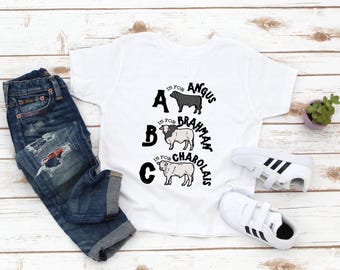 Farm Kids Shirt - Cute ABC Cows Kids Tee - Cattle Breeds - Country - Ranch - Western - Toddler Shirt - Birthday Boy Girl - Gift For Boy