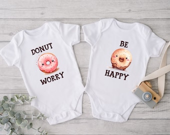Twins Baby ONESIES® Brand Bodysuit - Donut Worry Be Happy Baby Bodysuits - Cute Donut Twin Bodysuits - Funny Baby Shower Gift for Twins