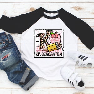 Hello Kindergarten Girls Tee  - Back to School Girls Shirt - First Day of Kindergarten Outfit - Kindergarten Cheetah Shirt