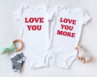 Twins Valentines Onesie® - Love You - Love You More - Hugs and Kisses Twins Valentine Bodysuit - Cute Twin Onesie® Valentines Day