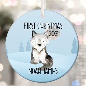 First Christmas Baby Boy Ornament - Personalized 1st Christmas Wolf Ornament - Custom Baby Name Christmas Ornament - Wolf Keepsake Gift
